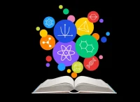 ilustración de un libro con elementos científicos