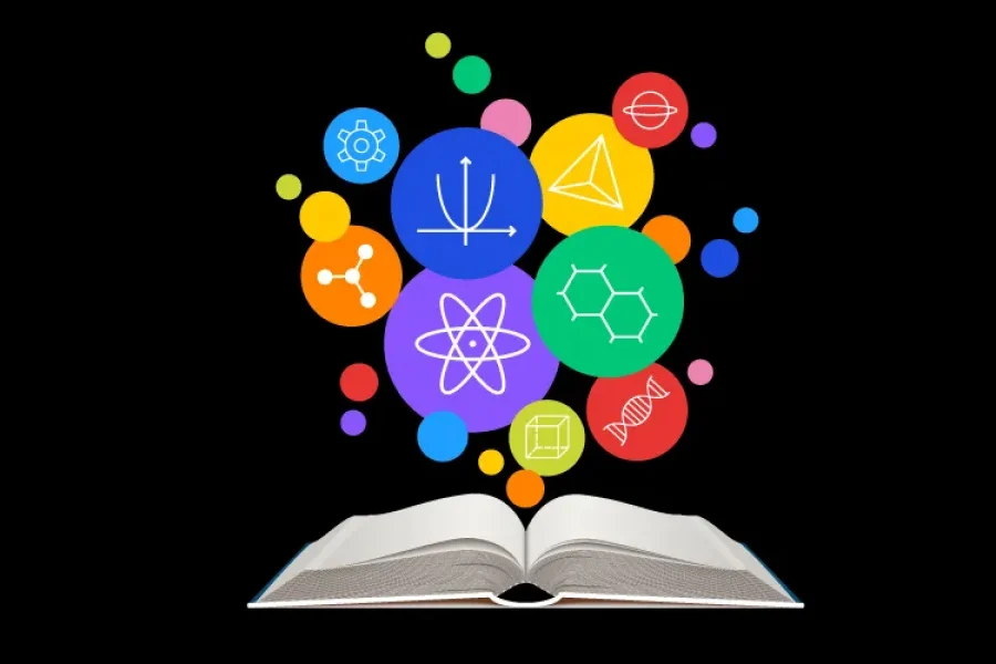 ilustración de un libro con elementos científicos