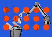 Brazo robótico deposita un objeto en un cesto, ilustrando el papel de la automatización en la transición hacia la Industria 5.0 con enfoque en bienestar y sostenibilidad.