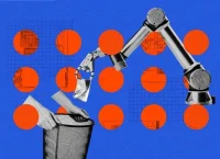 Brazo robótico deposita un objeto en un cesto, ilustrando el papel de la automatización en la transición hacia la Industria 5.0 con enfoque en bienestar y sostenibilidad.