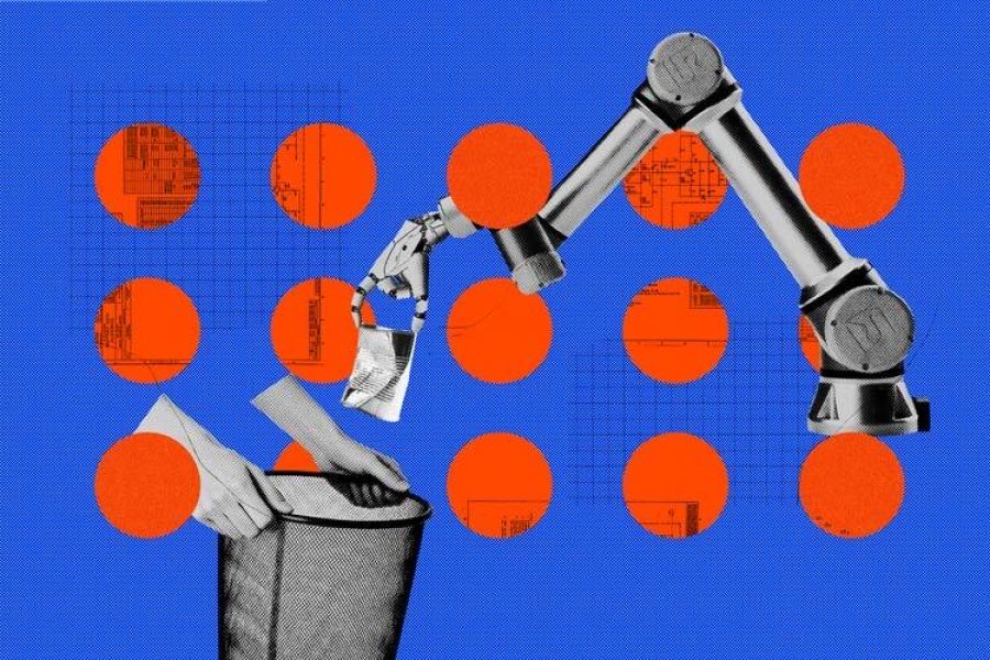 Brazo robótico deposita un objeto en un cesto, ilustrando el papel de la automatización en la transición hacia la Industria 5.0 con enfoque en bienestar y sostenibilidad.