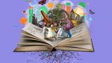 Ilustración de un libro abierto con niños bailando sobre él