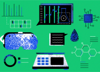 Representación de la transferencia tecnológica con íconos de biotecnología, física, informática