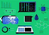 Representación de la transferencia tecnológica con íconos de biotecnología, física, informática