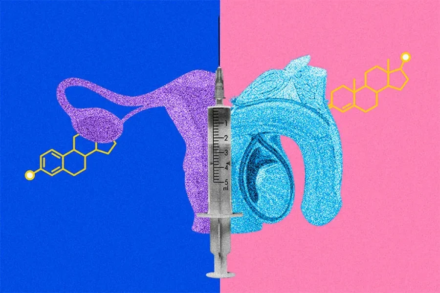Ilustración sobre acceso a terapias de reemplazo hormonal y derechos de las personas trans.