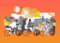 Ilustración de tres personas andando en una bicicleta eléctrica