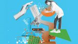 imagen conceptual de una mujer investigando, usando un microscopio gigante