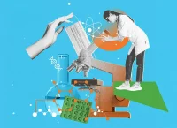 imagen conceptual de una mujer investigando, usando un microscopio gigante