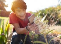 niño con camisa roja tomando una foto de una planta con su celular