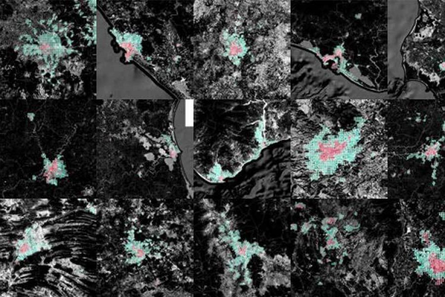 Mosaico de imágenes satelitales de nueve ciudades mexicanas mostrando zonas urbanas en rosa y áreas de expansión en verde