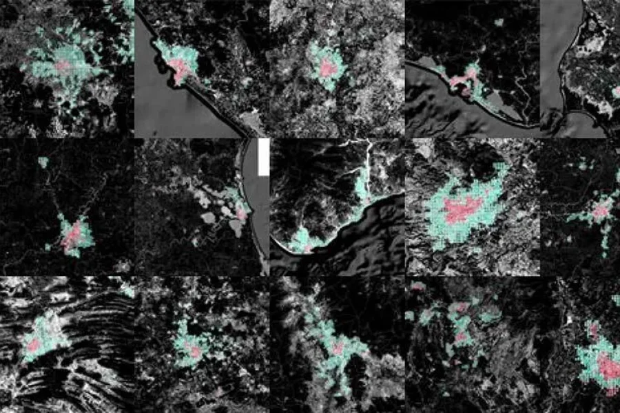 Mosaico de imágenes satelitales de nueve ciudades mexicanas mostrando zonas urbanas en rosa y áreas de expansión en verde