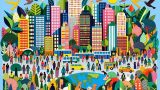 Ilustración de una ciudad con muchos animales y personas conviviendo