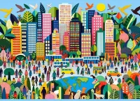 Ilustración de una ciudad con muchos animales y personas conviviendo