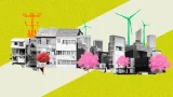 ilustración de una ciudad con casas, edificios, árboles, instalaciones de energía eólica