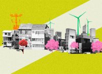 ilustración de una ciudad con casas, edificios, árboles, instalaciones de energía eólica