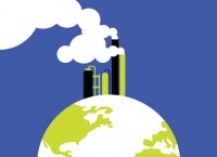 ilustración de un mundo con fábricas emitiendo gases contaminantes