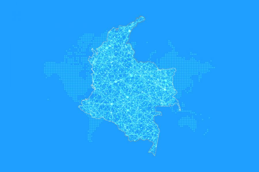 Mapa ilustrado de Colombia con líneas azules que muestran rutas de tráfico.