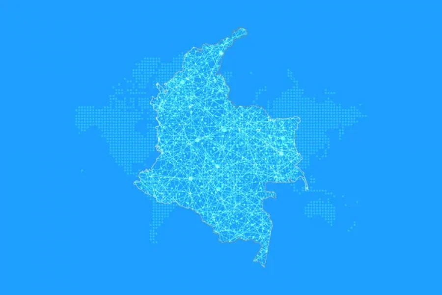 Mapa ilustrado de Colombia con líneas azules que muestran rutas de tráfico.