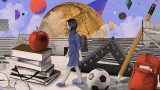 imagen conceptual que muestra a una niña caminando entre libros y lunas