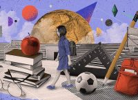 imagen conceptual que muestra a una niña caminando entre libros y lunas