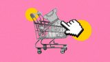 En la imagen se ve un carrito de supermercado con productos como un vestido, una bolsa y zapatos