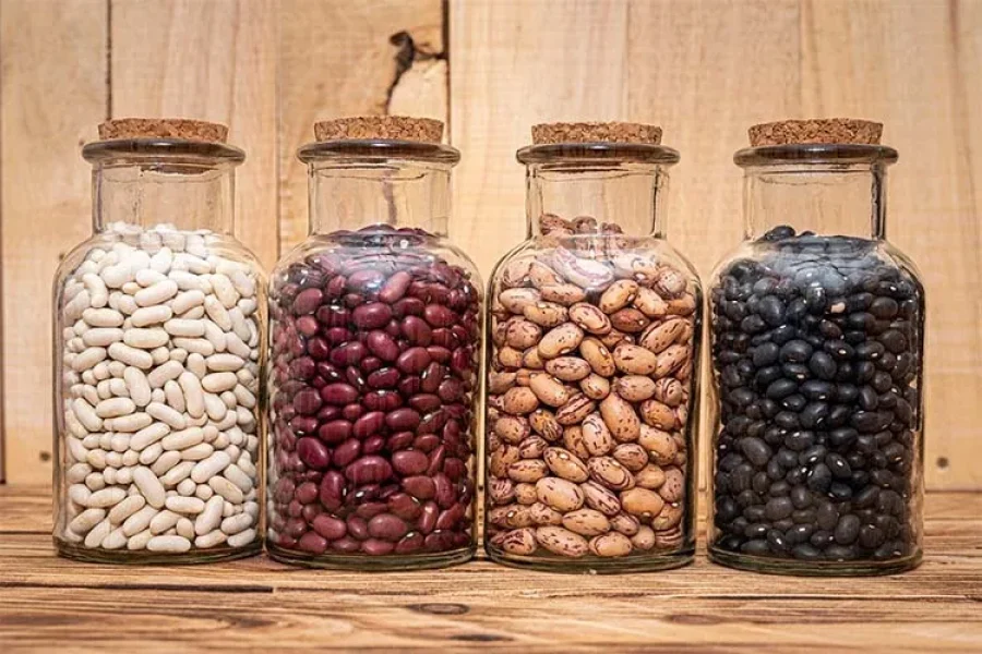 frascos con semillas secas de frijoles de distintos colores