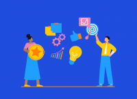 ilustracion de con un hombre y una mujer señalando íconos de habilidades blandas como negociación y comunicación