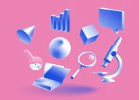Ilustración con dispositivos científico como un microscopio, una lupa, una computadora y un cubo