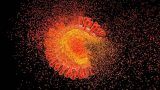Ilustración 3D de una partícula del virus del VIH, de color naranja y amarillo, que se desintegra en fragmentos sobre un fondo negro.