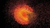 Ilustración 3D de una partícula del virus del VIH, de color naranja y amarillo, que se desintegra en fragmentos sobre un fondo negro.