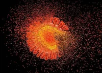 Ilustración 3D de una partícula del virus del VIH, de color naranja y amarillo, que se desintegra en fragmentos sobre un fondo negro.