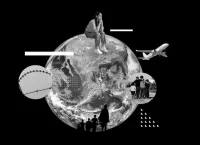 ilustración de un mundo con una mujer sentada sobre él