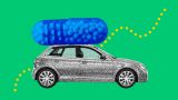 ilustración de un auto que lleva en el toldo una capsula gigante