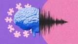 Fotoarte con elementos como un rompecabezas, un cerebro y la representación de ondas de sonido