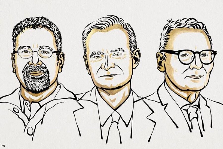 Premios Nobel de Economía 2024 en ilustración simple de dibujo, Daron Acemoglu, Simon Johnson y James Robinson.