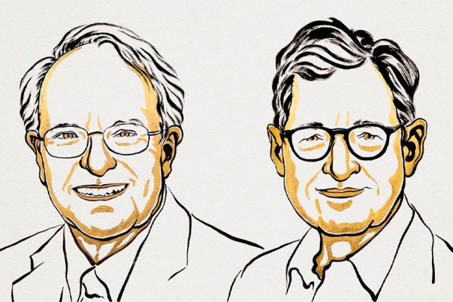 Ilustración de los economistas Robert E. Hall y Michael Woodford, ganadores del Nobel de Economía 2026.