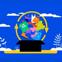 ilustración que destaca l consumo con camisetas, zapatos, bikini, bolsas