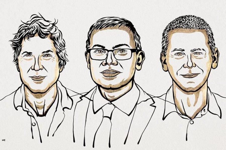 David Baker, Demis Hassabis y John Jumper premios nobel química en ilustración.