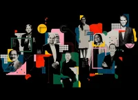 Collage de retratos de investigadores y recortes