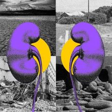 Fotoarte que muestra un par de riñones de color morado frente a un escenario árido y con falta de agua
