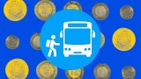 Ilustración de un ícono de transporte pública, rodeado de monedas