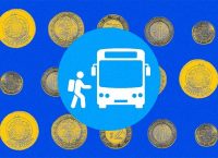 Ilustración de un ícono de transporte pública, rodeado de monedas