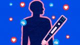 Ilustración que muestra a una persona expuesta a una representación de un medicamento para la diabetes, pero se encuentra rodeada de corazones propios de las redes sociales