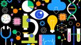 "Ilustración de íconos de ciencia y tecnología: microscopio, ADN, chip electrónico y tubos de ensayo, representando la transferencia de tecnología del Tec de Monterrey"