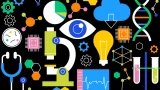 "Ilustración de íconos de ciencia y tecnología: microscopio, ADN, chip electrónico y tubos de ensayo, representando la transferencia de tecnología del Tec de Monterrey"