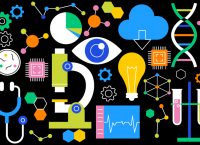 "Ilustración de íconos de ciencia y tecnología: microscopio, ADN, chip electrónico y tubos de ensayo, representando la transferencia de tecnología del Tec de Monterrey"