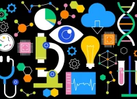 "Ilustración de íconos de ciencia y tecnología: microscopio, ADN, chip electrónico y tubos de ensayo, representando la transferencia de tecnología del Tec de Monterrey"
