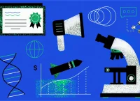 ilustracion de un microscopio, un cohete y la imagen de ADN