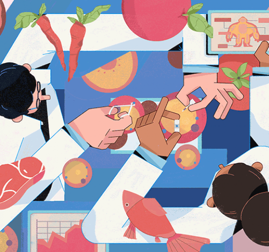 ilustración de científicos revisando comida